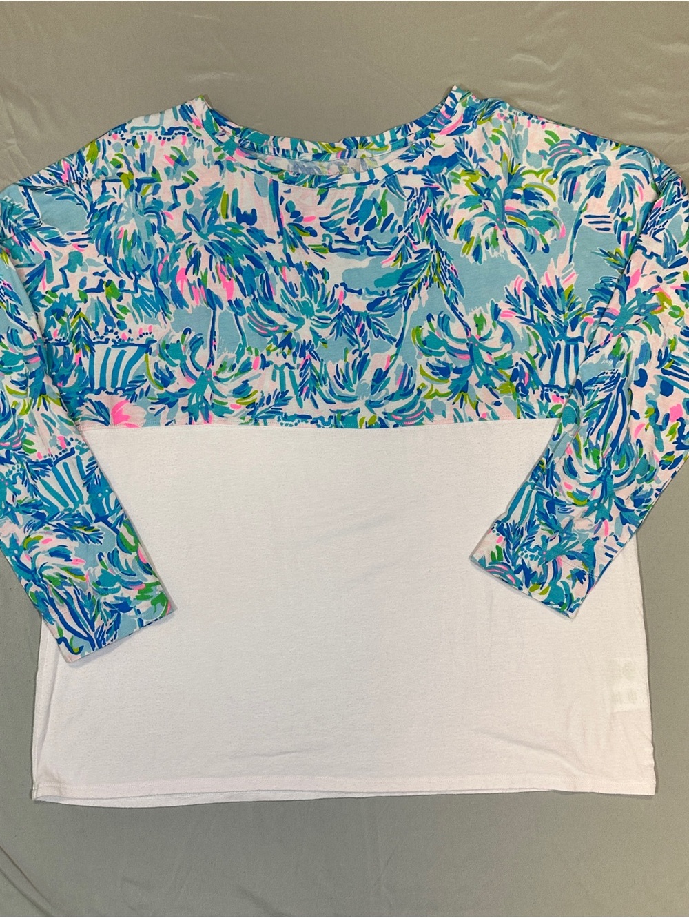 Lilly Pulitzer Floral Print Color Block Long Sleeve Top – Blue, Pink & Green XL